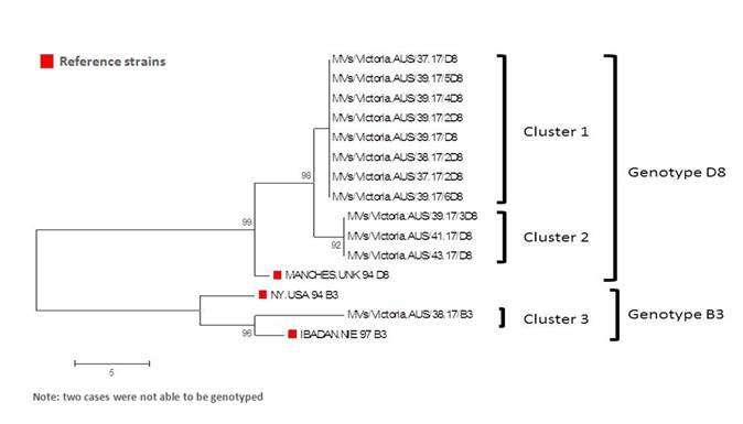 Figure 2: Phylogenetic tree comparing measles virus genotypes detected throughout the outbreak period